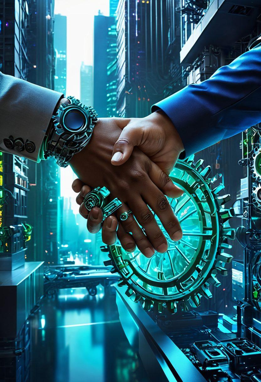 A futuristic handshake between diverse individuals, symbolizing collaboration and innovation, set against a backdrop of a digital cityscape filled with glowing tech-inspired architecture. Incorporate elements like gears and circuit patterns subtly integrated into the environment to represent technological solutions. The atmosphere should feel vibrant and forward-thinking, with a color palette featuring blues, greens, and metallic tones. super-realistic. vibrant colors. 3D.