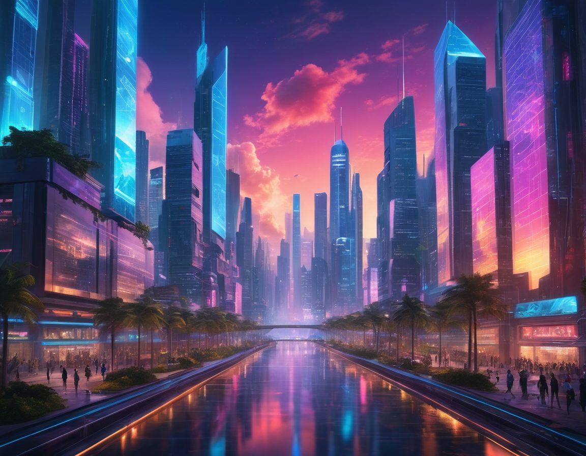 A futuristic landscape showcasing a diverse group of users engaging with cutting-edge technology, featuring sleek gadgets and holographic interfaces. The background should depict a vibrant city skyline filled with innovative architecture and greenery. Emphasize inclusivity with users of different ages and backgrounds collaborating and sharing experiences. Incorporate bright, glowing elements to highlight the advanced technology. cyberpunk. vibrant colors. 3D.