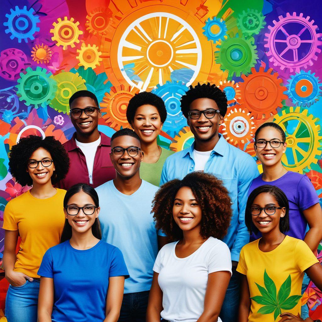 A diverse group of people collaborating in a vibrant community center, showcasing various services like education, health, and technology. Include symbols of empowerment such as gears and growing plants, surrounded by cheerful faces and supportive interactions. The background should include colorful murals representing community unity and innovation. vibrant colors. super-realistic. high detail.
